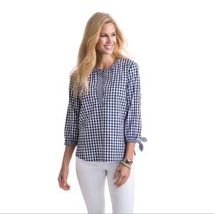 Vineyard Vines Navy White Gingham Cotton Blouse Tie Sleeve Top
